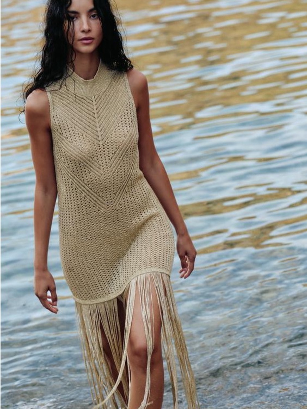Zara Metallic Gold Open Knit Fringe Maxi Dress – Size Small